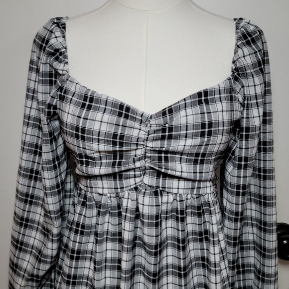 Promesa White & Black Buffalo Plaid Long Sleeve Mini Spring Dress Size Small - Picture 3 of 9